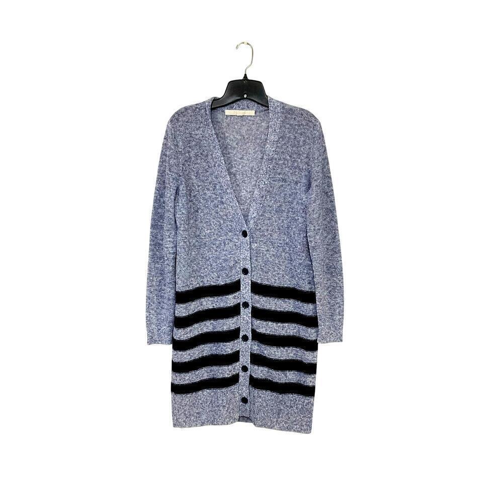 Nordstrom Collection Cardigan Boyfriend Blue Sweater Striped Linen Size Medium